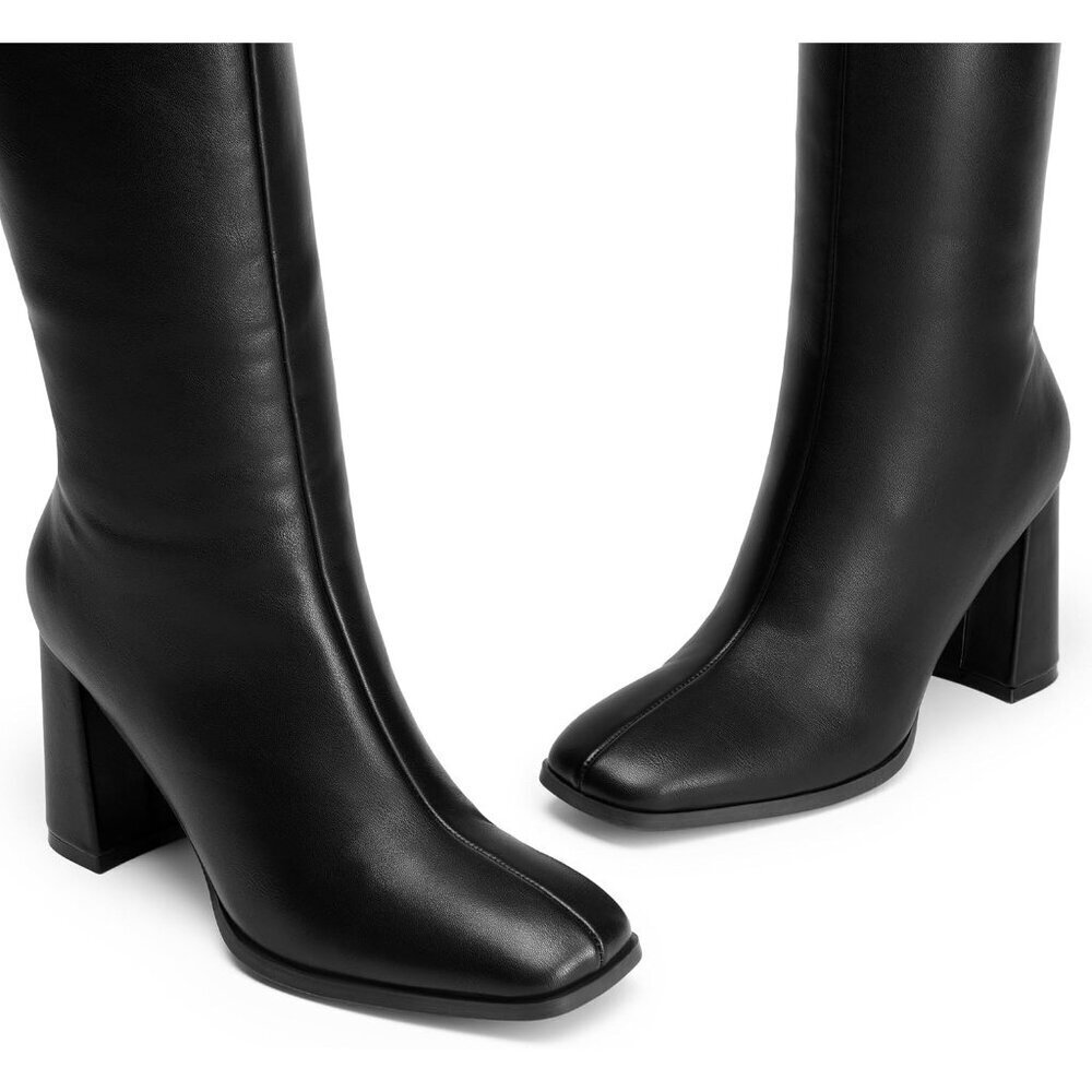 Women's Black DREAM PAIRS Knee-High Boots Square Toe Gogo Chunky Heel Side Zip - Picture 5 of 9